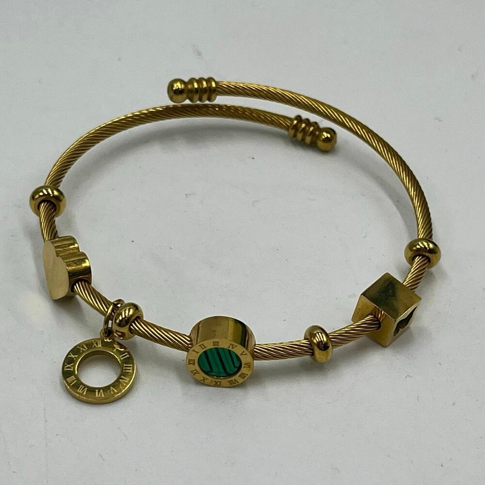 Roman Numeral Geometric‎ Green Charms Gold Tone Stainless Steel Bangle Bracelet